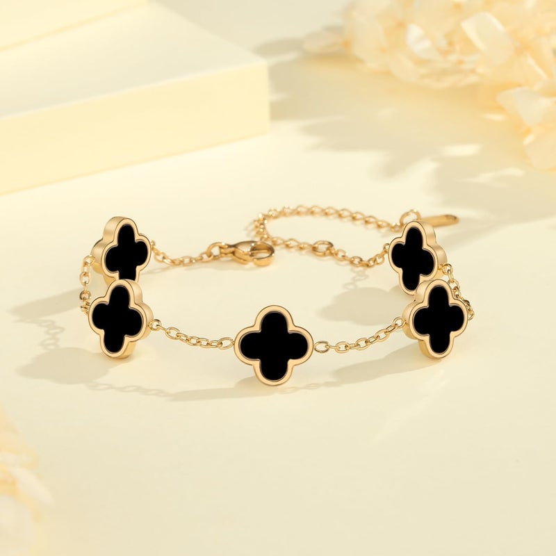 HAITTY 18K Gold Plated Clover Bracelet Set for Women White/Black/Gold/Silver/Green/Pink Adjustable Link Double-Sided Lucky Bracelets Trendy Bracelets Set Jewelry Gifts for Women Men - Image 4